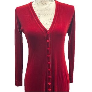 Vintage Bruno Duluc Kush Velvet Midi Dress Size XS Red Button Front Valentines